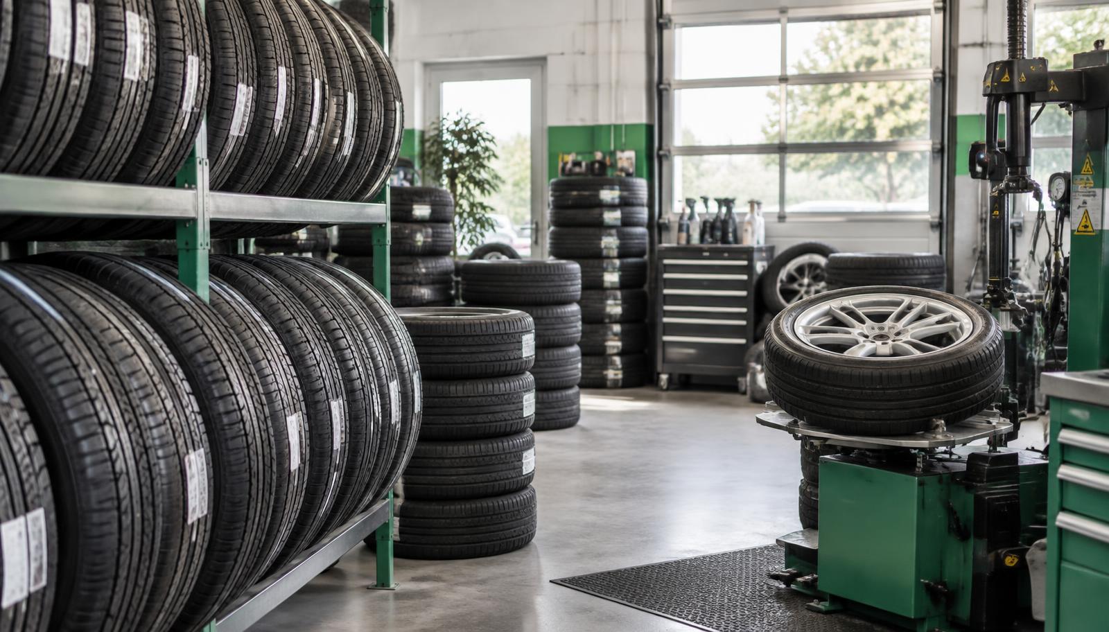 Autobanden en montageapparatuur in een bandenwerkplaats