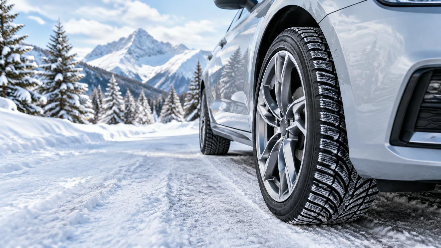Winterband op een besneeuwde bergweg